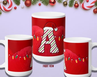 Festive Letter 'A' Holiday Ceramic Mug 15oz, Happy Holidays