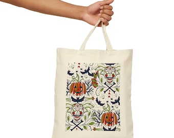 Festive Fall Pumpkin and Ghoul Print Cotton Canvas Tote Bag