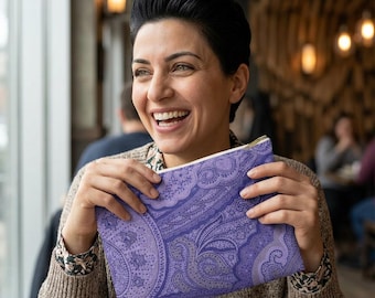 Purple Paisley Accessory Pouch, Cosmetic Make-up Bag, Mini-Clutch