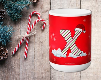 Festive Letter 'X' Holiday Ceramic Mug 15oz, Happy Holidays