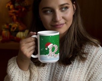 Festive Letter 'R' Holiday Ceramic Mug 15oz, Holiday Gift Ideas
