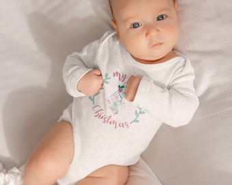 My First Christmas with Stocking Infant Long Sleeve Bodysuit, Holiday Baby Apparel