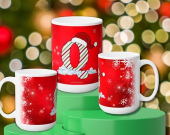 Festive Letter 'Q' Holiday Ceramic Mug 15oz, Holiday Gift Idea