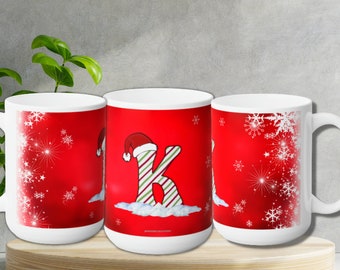 Festive Letter 'K’ Holiday Ceramic Mug 15oz, Happy Holidays