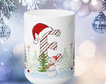 Festive Letter 'E' Holiday Ceramic Mug 15oz, Happy Holidays