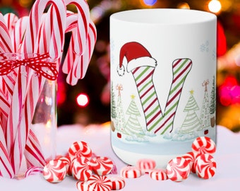 Festive Letter 'V' Holiday Ceramic Mug 15oz, Holiday Gift Ideas
