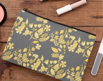 Grey & Yellow Wildflower Clusters Accessory Pouch, Cosmetic Make-up Bag, Phone Accessories Carrying Bag, Women's Pouch, Clutch Purse