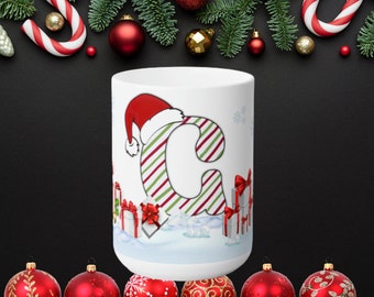 Festive Letter 'G' Holiday Ceramic Mug 15oz, Happy Holidays