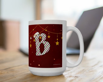 Festive Letter 'B' Holiday Ceramic Mug 15oz, Stocking Stuffer