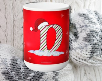 Festive Letter 'D' Holiday Ceramic Mug 15oz, Secret Santa Gift Idea
