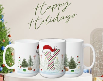 Festive Letter 'Y' Holiday Ceramic Mug 15oz, Happy Holidays