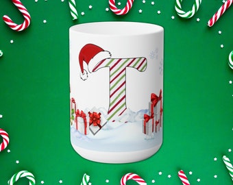 Festive Letter 'T' Holiday Ceramic Mug 15oz, Happy Holidays