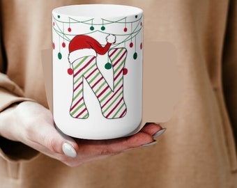 Festive Letter 'N' Holiday Ceramic Mug 15oz, Happy Holidays