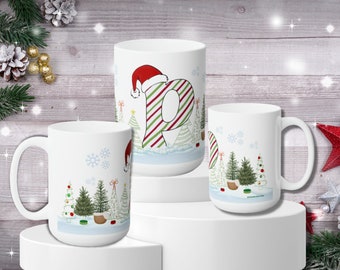 Festive Letter 'P' Holiday Ceramic Mug 15oz, Happy Holidays