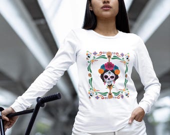Dia  de los Muertos Long Sleeve Tee , Gift for Her, Traditional Tee