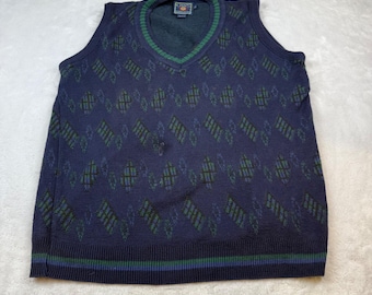 Chaleco de punto vintage para hombre Chaps Ralph Lauren con estampado de rombos, azul marino y verde, de algodón, talla L, fabricado en EE. UU.