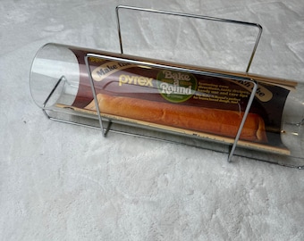 Vintage Pyrex Bake A Round Glass Bread Baker with Chrome Rack and Instructions