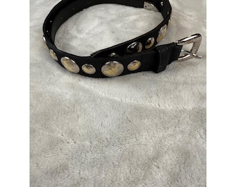 Vintage Bonwit Teller Mens Black Leather Coin Medallion Belt Made in Italy 36in