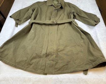 Vintage Franse militaire trenchcoat uit het Tweede Wereldoorlog-tijdperk olijfgroen werkkledingjas heren XL