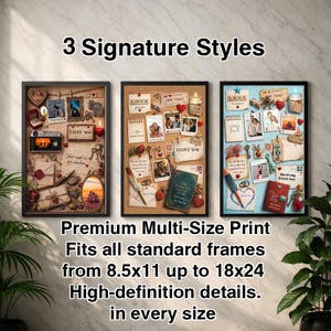 Puede incluir: Tres impresiones artísticas enmarcadas con temas románticos. Cada una presenta un collage de fotos, llaves y objetos relacionados con el amor. El texto incluye "3 Signature Styles", "I Love You" y "Premium Multi-Size Print". Las impresiones se ajustan a marcos de 21,6 x 27,9 cm a 45,7 x 61 cm.