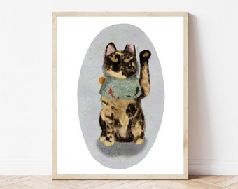 Maneki Neko Folk Art Print - Schildpatt Katze Art - Schildpatt Katze - Lucky Cat Print - Japanische Katze - Calico Katze - Maneki-Neko Art -