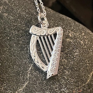 Silver Celtic Harp Pendant, Mother&#39;s Day Gift, Sterling Silver, Irish Jewelry, Statement Unique Pendant, Gift for Harpist, Musical Gift