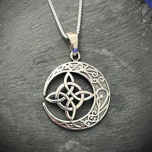 Witch's Knot Hexefus Magic Knot Celtic Pendant, Crescent Moon, Silver Coven Jewelry, Unique Necklace