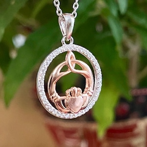 Rose Gold Irish Claddagh Pendant, Trinity Knot and Circle Stone Set, Irish Jewelry, Sterling Silver, Unique Celtic Jewelry, Statement Piece