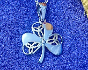 Silver Shamrock Pendant with Yellow Trinity Knot, Irish Jewelry, Unique Necklace, St. Patrick's Day