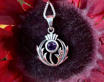 Sterling Silver Scottish Thistle with Amethyst Stone Pendant Necklace, Scottish Jewelry, Anniversary Valentine's Day Gift, Unique Necklace
