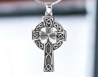 Celtic Cross Pendant Featuring Central Shamrock and Celtic Knots - Great for All Genders!
