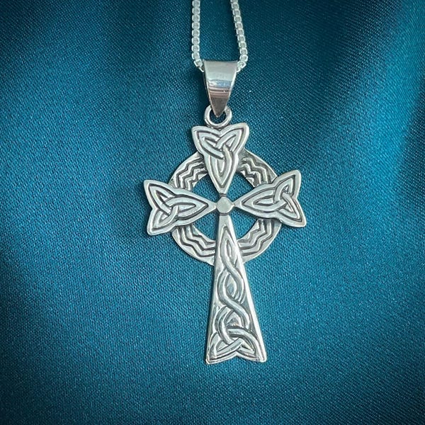Celtic Cross with Trinity Knots, .925 Sterling Silver, Unique Celtic Cross Pendant, Silver Celtic Cross Necklace, Statement Necklace