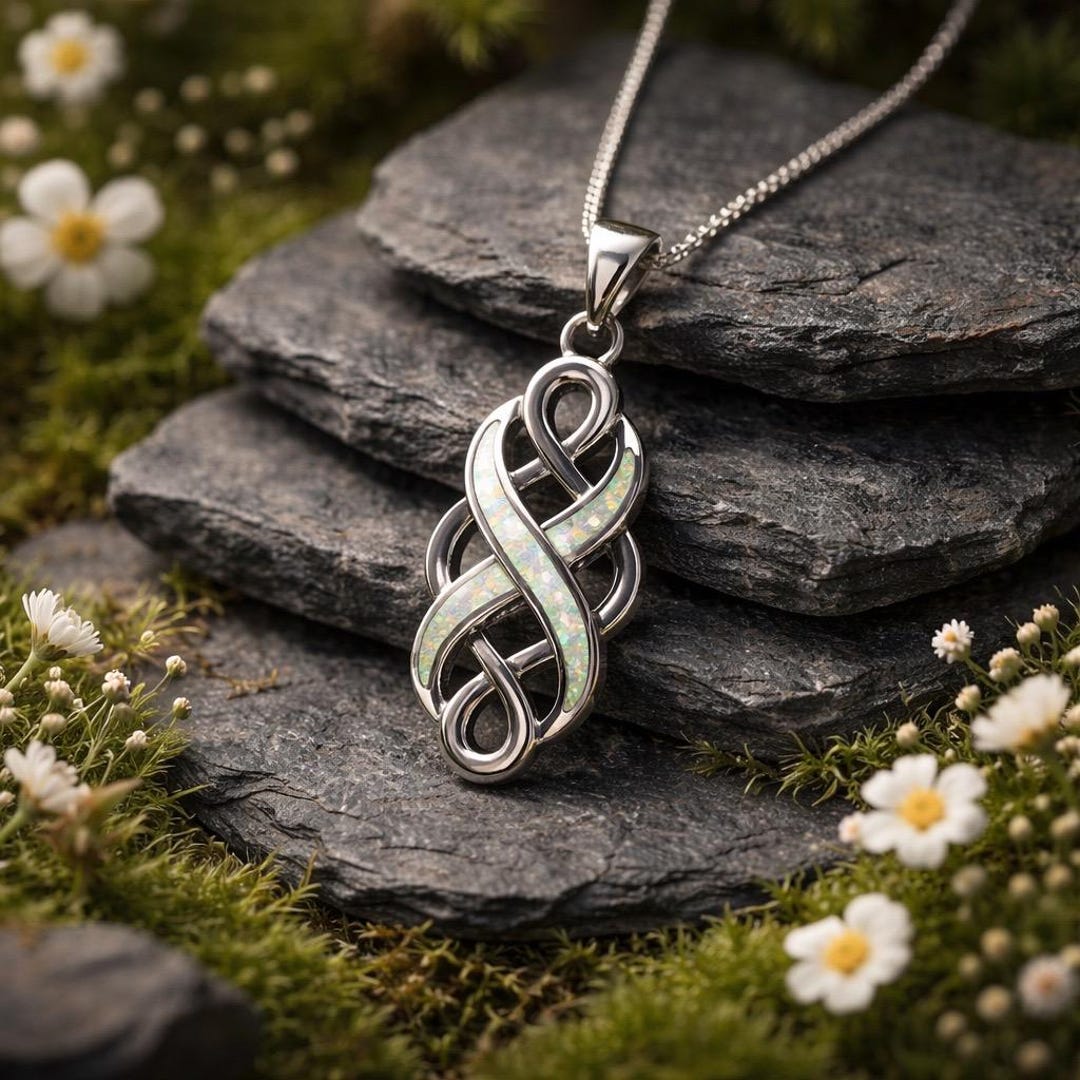 Sterling Silver Celtic Knot White Opal Pendant Necklace | Irish Weave ...