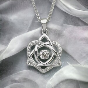 Trinity and Heart Dancing Stone Silver Pendant, Unique Statement Necklace, Anniversary Gift, Valentine&#39;s Day Gift, Celtic Jewelry