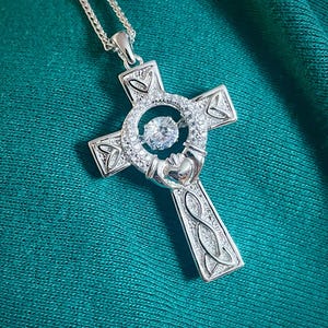 Silver Celtic Cross Pendant with Irish Claddagh, Celtic Knot, Easter, Unique Cross, Christian Jewelry, Statement Necklace, Celtic Jewelry