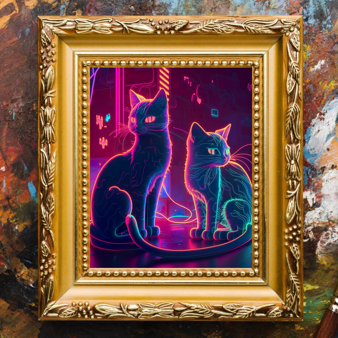 Neon City Cats, Digital Art, Wall Art Etsy