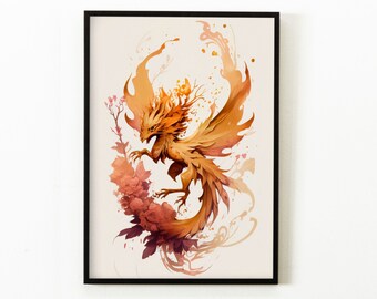 Yellow Dragon Art Poster Floral Dragon Print Minimalist Floral Wall Decor Digital Download Floral Wall Decor Dragon Living Room Print Decor