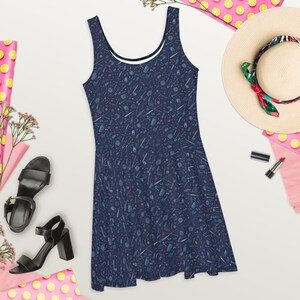Whimsical Design Skater Dress Floral Dice Pattern - Ideal for Tabletop Gamers - Elastic Waistband for Comfortable Wear - Muted Blue Shade