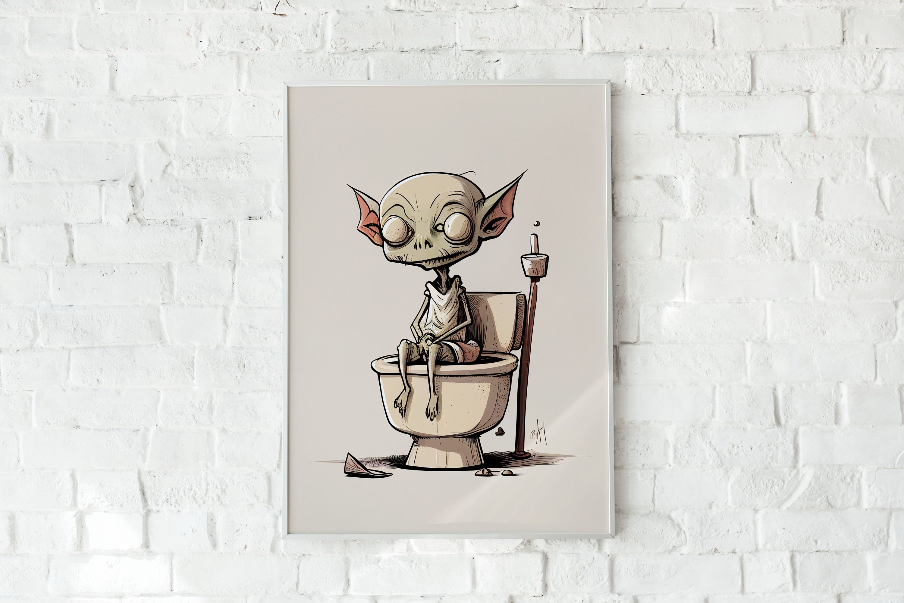 Goblin Sitting on Toilet Funny Art Wall Decor Bathroom Decor