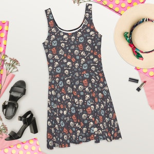Muted Skulls and Dice Skater Dress - Edgy Blue Orange Dice Pattern Alternative Fashion Statement Muted Blue Background Unique Playful Design
