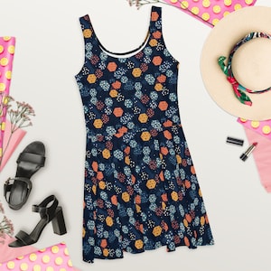 Navy Skater Dress with Minimalist Dice Pattern - Perfect for D&D Games and Casual Wear - Handmade, Comfortable, and Stylish | Size XS-3XL