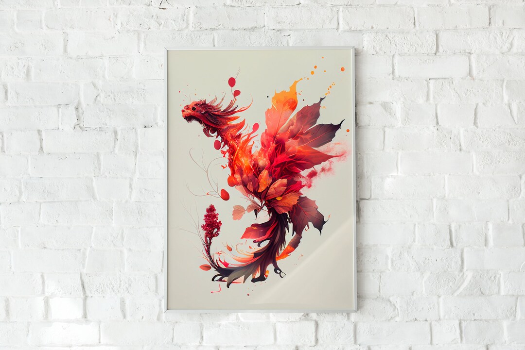Red Dragon Art Print Red Floral Beast Digital Download Minimalist Wall ...