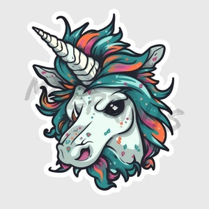 May include: A teal, pink and orange unicorn head with a white horn and a speckled face. The unicorn has a fierce expression and is looking to the left.