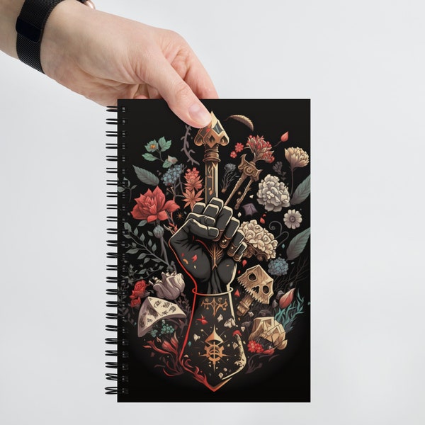 Dark Floral Gauntlet Notebook Dungeons and Dragons D20 Würfel Bouquet Notizblock Blumen Poster Blumen Tagebuch Perfektes Dungeons and Dragons Geschenk