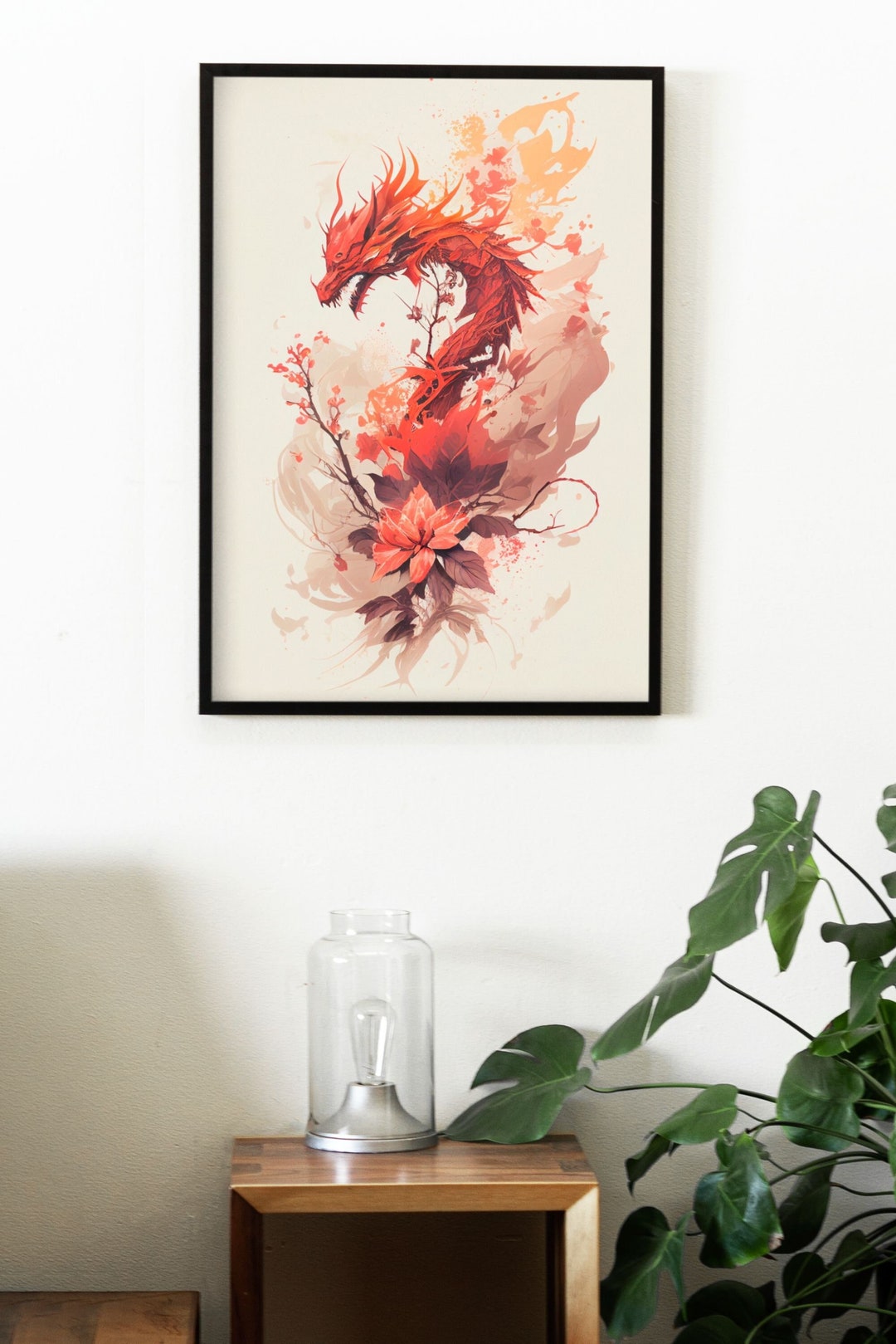 Chinese Red Dragon Art Print Digital Download Minimalist Floral Wall ...
