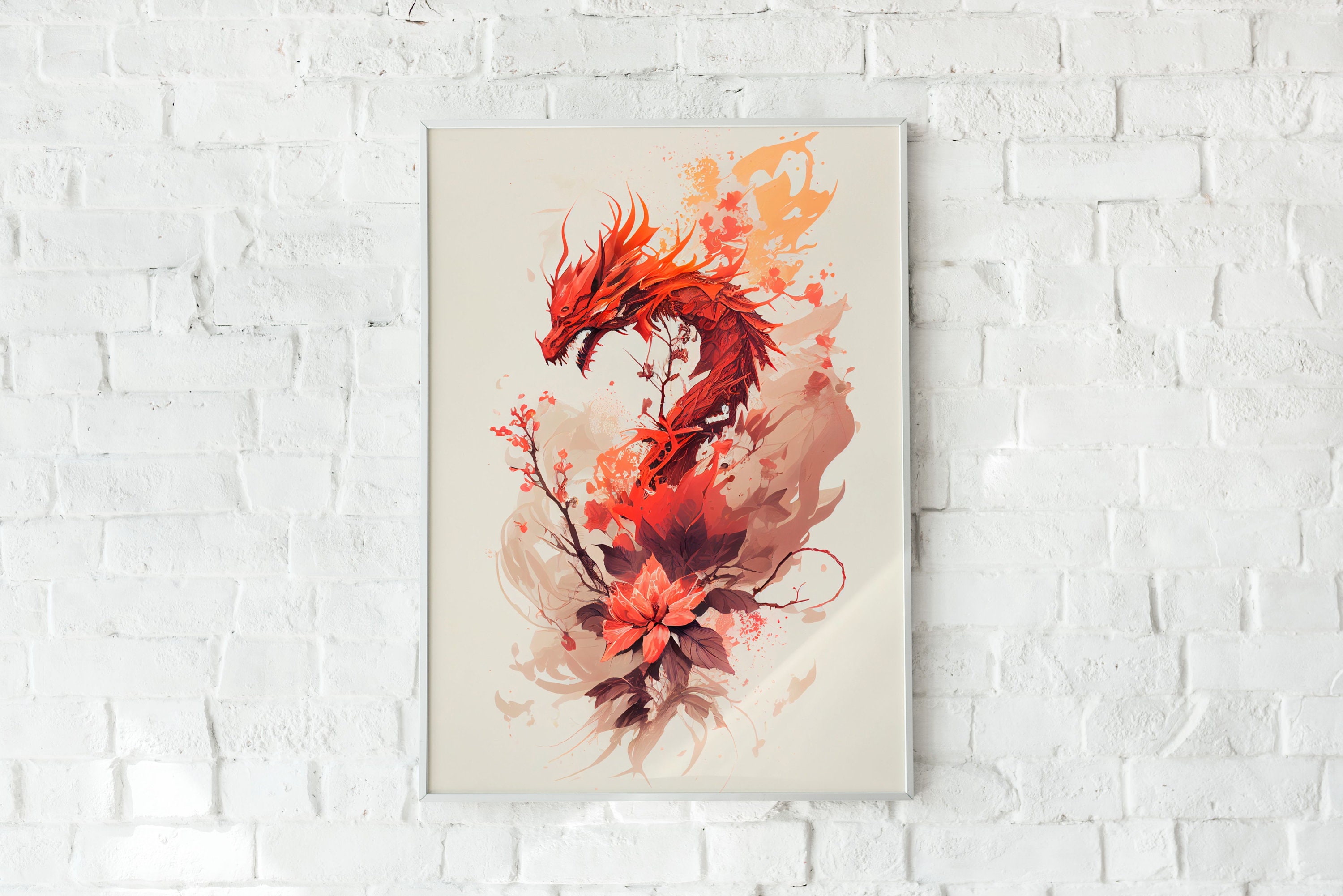 Chinese Red Dragon Art Print Digital Download Minimalist Floral Wall ...