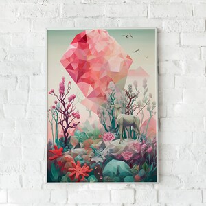 Wildflower Oasis A Whimsical Realistic Flat Artwork Featuring Faceted Shapes, Detailed Flora & Fauna, and Subtle Gradients by Anto Carte