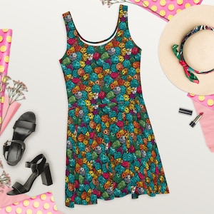 Vibrant D20 Dice Skater Dress - Fun Gaming-inspired Design Geek Chic Fashion Tabletop Gamers Flattering Silhouette Unique Dress Game Nights