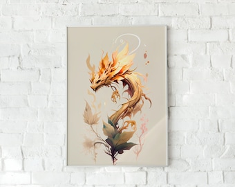 White Dragon Art Poster Floral Beast Print Minimalista Floral Wall Decor Digital Descargar Floral Wall Decor Dragon Living Room Print Decor