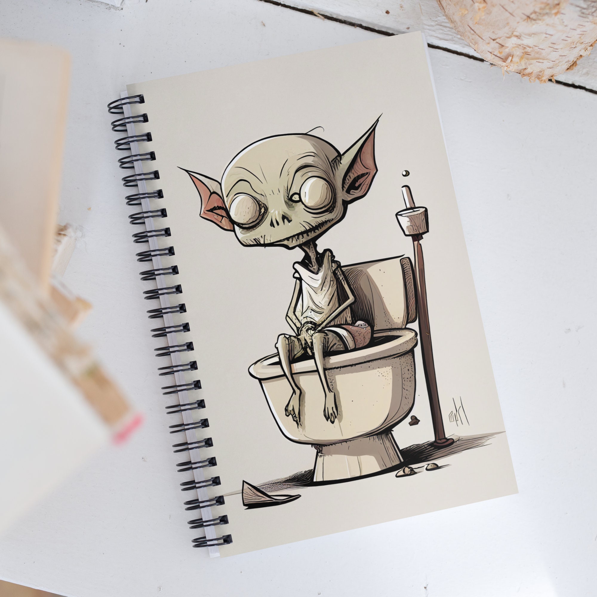 Spiral Notebook Goblin Sitting on Toilet Funny Art Bathroom